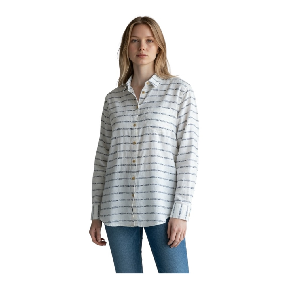 Duluth Trading Co. Hemp Fish Print Button Down Shirt Gorpcore Camping Outdoors